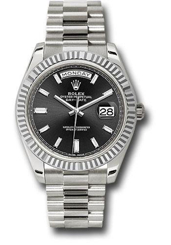 Rolex White Gold Day-Date 40 Watch – Fluted Bezel – Black Baguette Diamond Dial – President Bracelet – 228239 bkbdp