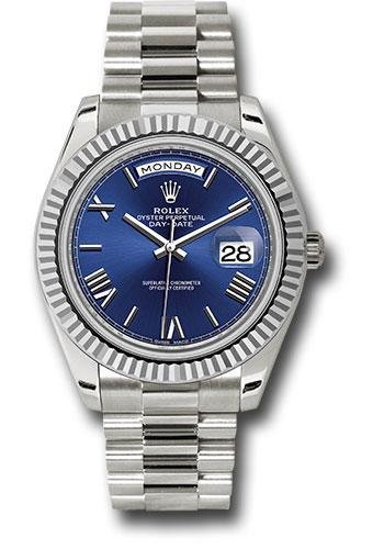 Rolex White Gold Day-Date 40 Watch – Fluted Bezel – Blue Bevelled Roman Dial – President Bracelet – 228239