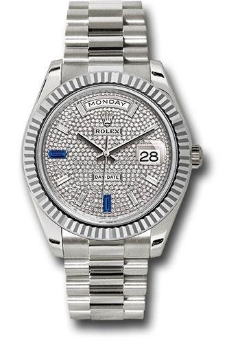 Rolex White Gold Day-Date 40 Watch – Fluted Bezel – Diamond Paved Baguette Diamond Dial – President Bracelet – 228239 dp7d2sp