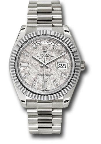 Rolex White Gold Day-Date 40 Watch – Fluted Bezel – Meteorite Baguette Diamond Dial – President Bracelet – 228239