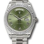 Rolex White Gold Day-Date 40 Watch – Fluted Bezel – Olive Green Bevelled Roman Dial – President Bracelet – 228239