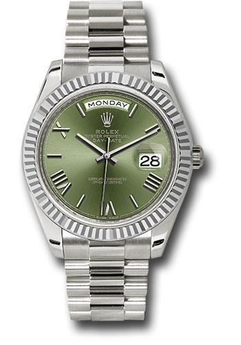 Rolex White Gold Day-Date 40 Watch – Fluted Bezel – Olive Green Bevelled Roman Dial – President Bracelet – 228239