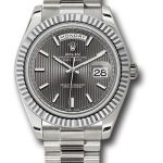 Rolex White Gold Day-Date 40 Watch – Fluted Bezel – Dark Rhodium Stripe Motif Index Dial – President Bracelet – 228239 rsmip