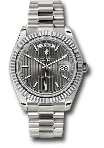 Rolex White Gold Day-Date 40 Watch – Fluted Bezel – Dark Rhodium Stripe Motif Index Dial – President Bracelet – 228239 rsmip