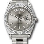 Rolex White Gold Day-Date 40 Watch – Fluted Bezel – Silver Baguette Diamond Dial – President Bracelet – 228239
