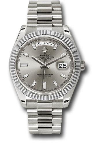 Rolex White Gold Day-Date 40 Watch – Fluted Bezel – Silver Baguette Diamond Dial – President Bracelet – 228239