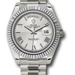 Rolex White Gold Day-Date 40 Watch – Fluted Bezel – Silver Quadrant Motif Bevelled Roman Dial – President Bracelet – 228239 sqmrp