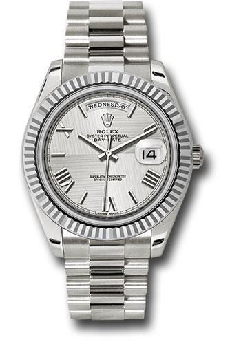Rolex White Gold Day-Date 40 Watch – Fluted Bezel – Silver Quadrant Motif Bevelled Roman Dial – President Bracelet – 228239 sqmrp