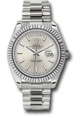 Rolex White Gold Day-Date 40 Watch – Fluted Bezel – Silver Stripe Motif Index Dial – President Bracelet – 228239 ssmip