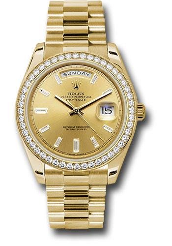 Rolex Yellow Gold Day-Date 40 Watch – Yellow Gold Bezel – Champagne Baguette Diamond Dial – President Bracelet – 228348RBR chbdp