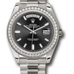 Rolex White Gold Day-Date 40 Watch – White Gold Bezel – Black Baguette Diamond Dial – President Bracelet – 228349RBR bkbdp