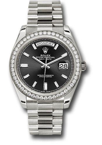 Rolex White Gold Day-Date 40 Watch – White Gold Bezel – Black Baguette Diamond Dial – President Bracelet – 228349RBR bkbdp