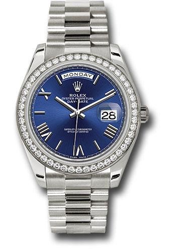 Rolex White Gold Day-Date 40 Watch – Bezel – Blue Bevelled Roman Dial – President Bracelet – 228349RBR