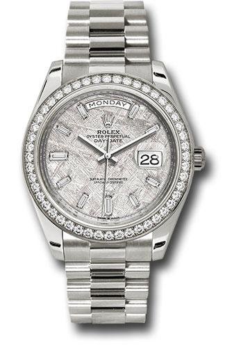 Rolex White Gold Oyster Perpetual Day-Date 40 – Diamond Bezel – Meteorite Baguette Diamond Dial – President Bracelet – 228349RBR mtbdp