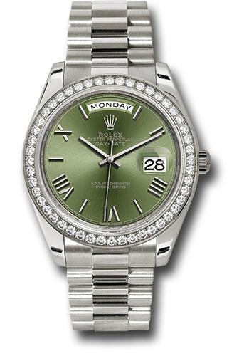 Rolex White Gold Day-Date 40 Watch – Bezel – Olive Green Bevelled Roman Dial – President Bracelet – 228349RBR