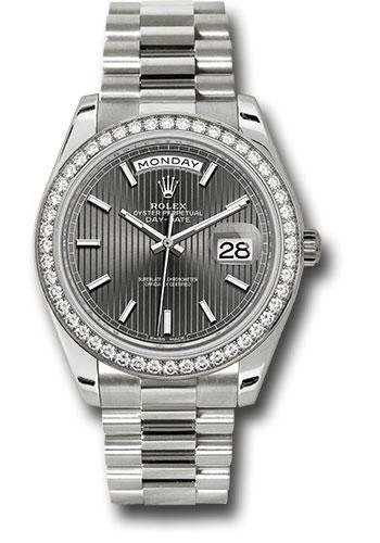 Rolex White Gold Day-Date 40 Watch – Bezel – Dark Rhodium Stripe Motif Index Dial – President Bracelet – 228349RBR rsmip