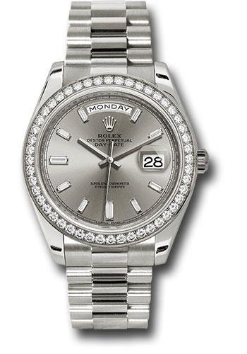 Rolex White Gold Day-Date 40 Watch – White Gold Bezel – Silver Baguette Diamond Dial – President Bracelet – 228349RBR