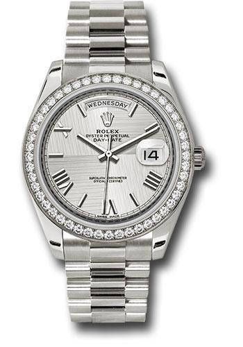 Rolex White Gold Day-Date 40 Watch – Bezel – Silver Quadrant Motif Bevelled Roman Dial – President Bracelet – 228349RBR sqmrp