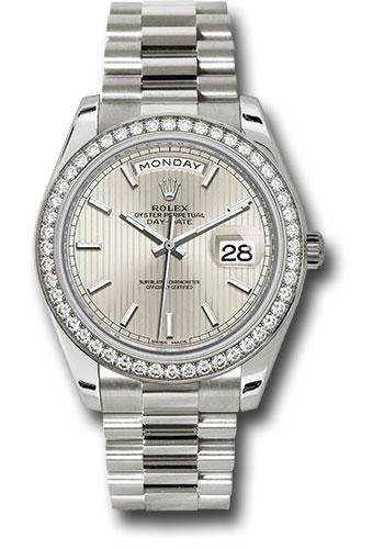 Rolex White Gold Day-Date 40 Watch – Bezel – Silver Stripe Motif Index Dial – President Bracelet – 228349RBR ssmip