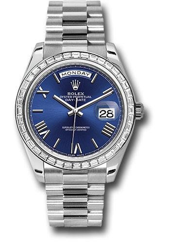 Rolex 950 Platinum Day-Date 40 Watch – Bezel – Blue Bevelled Roman Dial – President Bracelet – 228396TBR