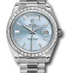 Rolex 950 Platinum Day-Date 40 Watch – Bezel – Ice Blue Baguette Diamond Dial – President Bracelet – 228396TBR ibbdp