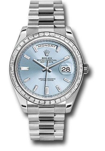 Rolex 950 Platinum Day-Date 40 Watch – Bezel – Ice Blue Baguette Diamond Dial – President Bracelet – 228396TBR ibbdp