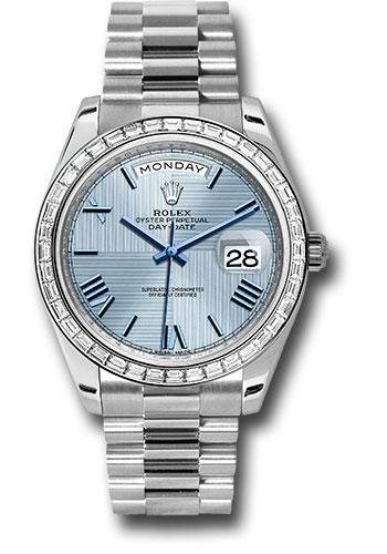 Rolex 950 Platinum Day-Date 40 Watch – Bezel – Ice Blue Quadrant Motif Bevelled Roman Dial – President Bracelet – 228396TBR ibqmrp