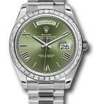 Rolex 950 Platinum Day-Date 40 Watch – Bezel – Olive Green Bevelled Roman Dial – President Bracelet – 228396TBR