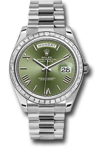 Rolex 950 Platinum Day-Date 40 Watch – Bezel – Olive Green Bevelled Roman Dial – President Bracelet – 228396TBR