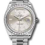 Rolex 950 Platinum Day-Date 40 Watch – Bezel – Silver Baguette Diamond Dial – President Bracelet – 228396TBR