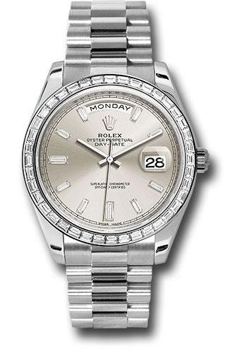 Rolex 950 Platinum Day-Date 40 Watch – Bezel – Silver Baguette Diamond Dial – President Bracelet – 228396TBR