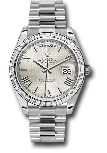 Rolex 950 Platinum Day-Date 40 Watch – Bezel – Silver Quadrant Motif Bevelled Roman Dial – President Bracelet – 228396TBR sqmrp