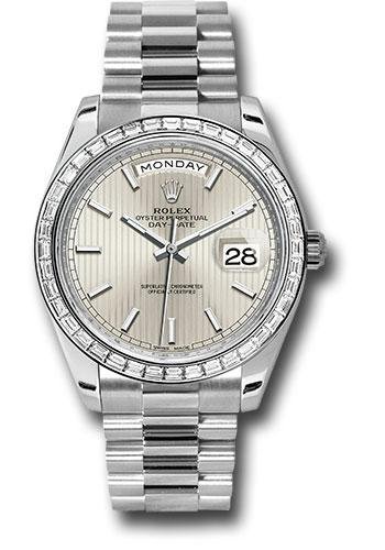 Rolex 950 Platinum Day-Date 40 Watch – Bezel – Silver Strip Motif Index Dial – President Bracelet – 228396TBR ssmip