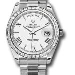 Rolex 950 Platinum Day-Date 40 Watch – Bezel – White Bevelled Roman Dial – President Bracelet – 228396TBR