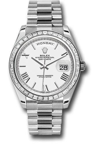 Rolex 950 Platinum Day-Date 40 Watch – Bezel – White Bevelled Roman Dial – President Bracelet – 228396TBR