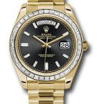 Rolex Yellow Gold Day-Date 40 Watch – Yellow Gold Bezel – Black Baguette Diamond Dial – President Bracelet – 228398TBR bkbdp