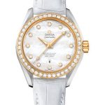 Omega Seamaster Aqua Terra 150 M Master Co-Axial Watch – 34 mm Steel Case – Yellow Gold Bezel – Mother-Of-Pearl Diamond Dial – White Leather Strap – 231.28.34.20.55.004