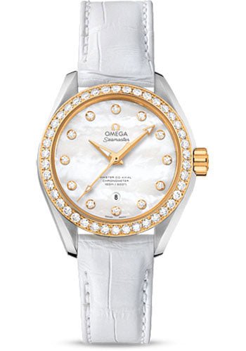 Omega Seamaster Aqua Terra 150 M Master Co-Axial Watch – 34 mm Steel Case – Yellow Gold Bezel – Mother-Of-Pearl Diamond Dial – White Leather Strap – 231.28.34.20.55.004