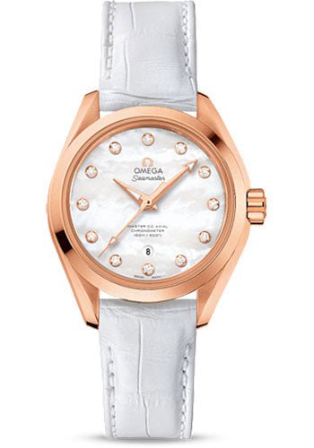 Omega Seamaster Aqua Terra 150 M Master Co-Axial Watch – 34 mm Sedna Gold Case – Mother-Of-Pearl Diamond Dial – White Leather Strap – 231.53.34.20.55.001