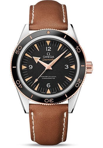 Omega Seamaster 300 Omega Master Co-Axial Watch – 41 mm Steel Case – Sedna Gold Unidirectional Bezel – Black Dial – Brown Leather Strap – 233.22.41.21.01.002