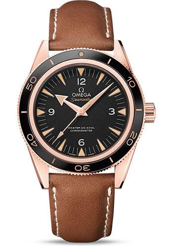 Omega Seamaster 300 Omega Master Co-Axial Watch – 41 mm Sedna Gold Case – Ceramic Bezel – Black Dial – Brown Leather Strap – 233.62.41.21.01.002
