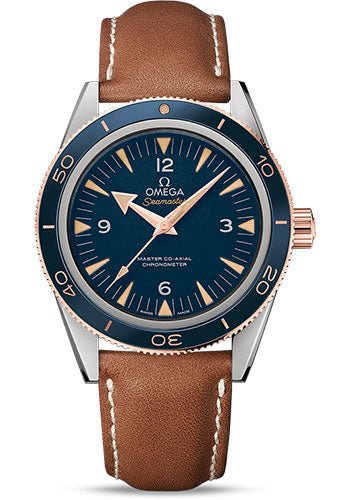 Omega Seamaster 300 Omega Master Co-Axial Watch – 41 mm Titanium Case – Sedna Gold Bezel – Blue Dial – Brown Leather Strap – 233.62.41.21.03.001