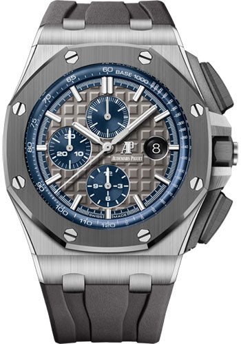 Audemars Piguet Royal Oak Offshore Selfwinding Chronograph Watch – 44mm Titanium Ceramic Case – Grey and Blue Dial – Grey Rubber Strap – 26400IO.OO.A004CA.02