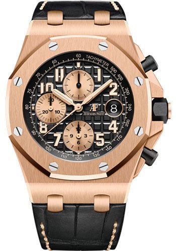 Audemars Piguet Royal Oak Offshore Selfwinding Chronograph Watch – 42mm – Pink Gold – Black Dial – Black Alligator Strap – 26470OR.OO.A002CR.02