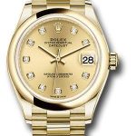 Rolex Yellow Gold Datejust 31 Watch – Domed Bezel – Champagne Diamond Dial – President Bracelet – 278248