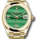 Rolex Yellow Gold Datejust 31 Watch – Domed Bezel – Malachite Diamond Six and Nine Dial – President Bracelet – 278248 madr69p