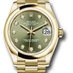 Rolex Yellow Gold Datejust 31 Watch – Domed Bezel – Olive Green Diamond Dial – President Bracelet – 278248