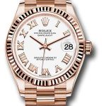 Rolex Everose Gold Datejust 31 Watch – Fluted Bezel – White Roman Dial – President Bracelet – 278275