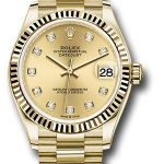 Rolex Yellow Gold Datejust 31 Watch – Fluted Bezel – Champagne Diamond Dial – President Bracelet – 278278
