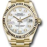 Rolex Yellow Gold Datejust 31 Watch – Fluted Bezel – Mother-of-Pearl Diamond Dial – President Bracelet – 278278